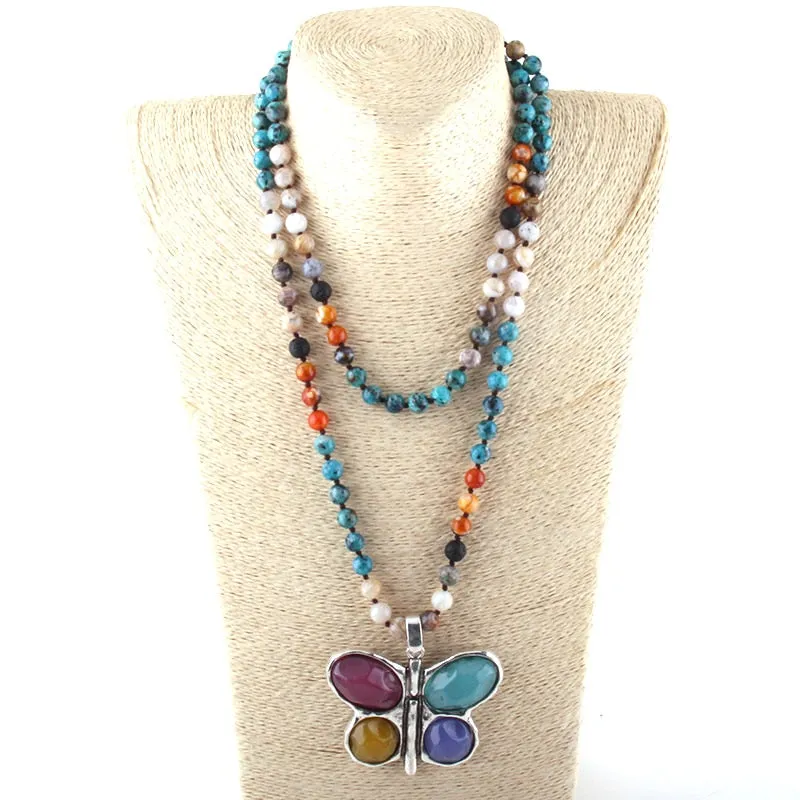 108 Beads Mala Multi Stone Knotted Butterfly Charm Pendant Necklace For Women Meditation Yoga Necklace