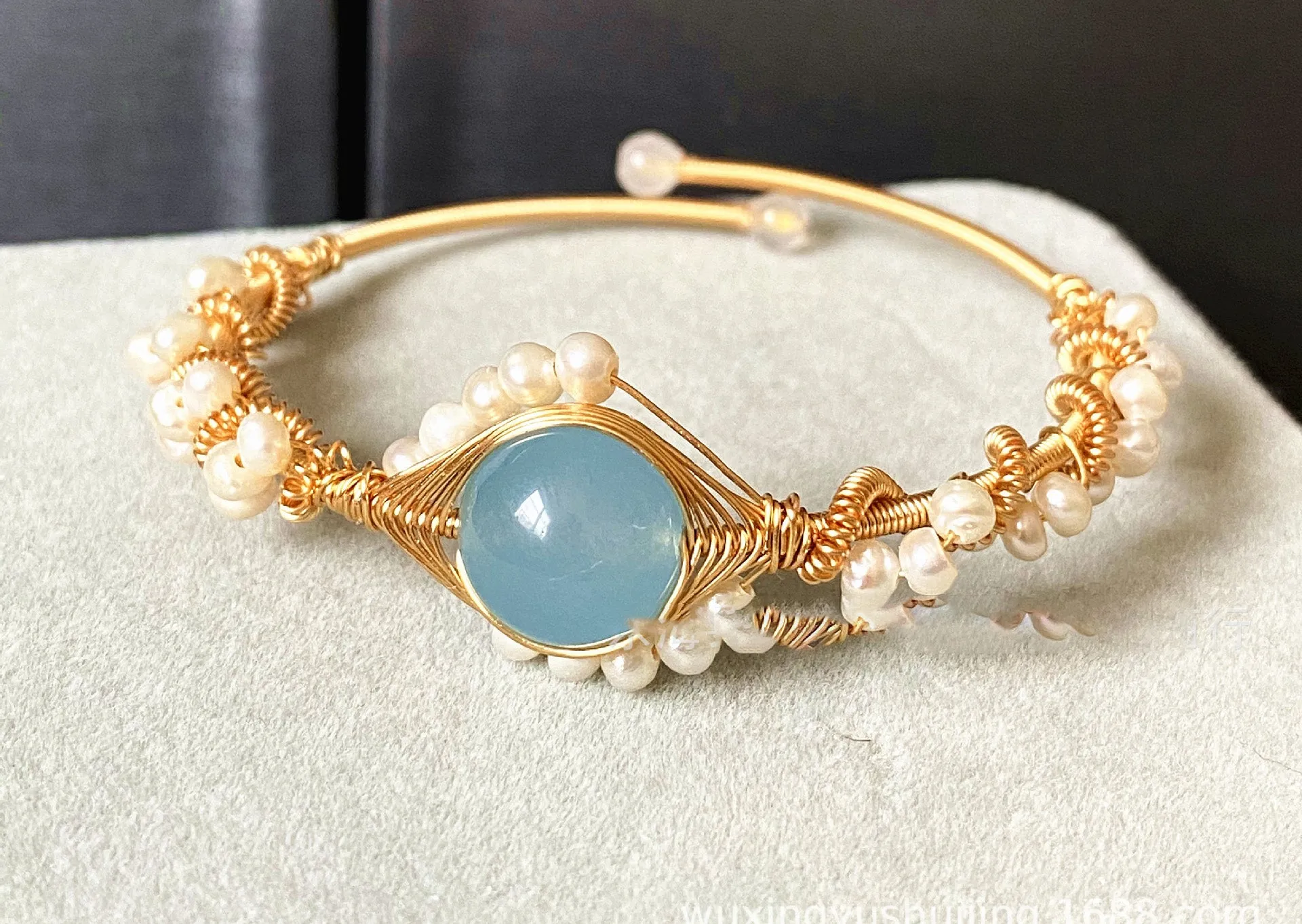 14K Gold Wrapped Handmade Natural Sapphire White Pearl Bracelet