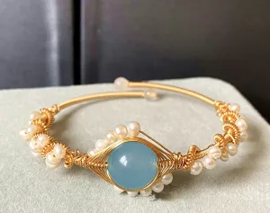 14K Gold Wrapped Handmade Natural Sapphire White Pearl Bracelet