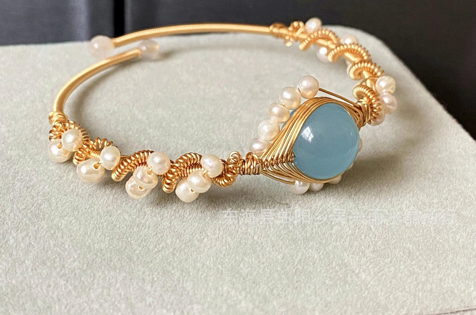 14K Gold Wrapped Handmade Natural Sapphire White Pearl Bracelet