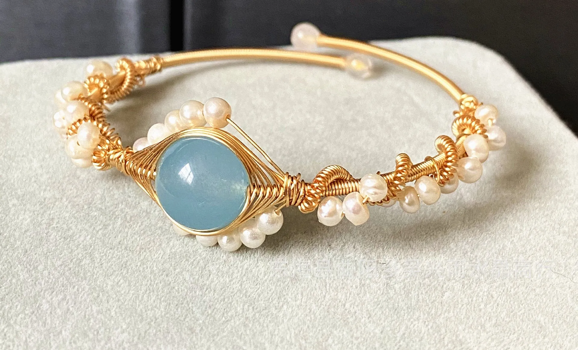 14K Gold Wrapped Handmade Natural Sapphire White Pearl Bracelet