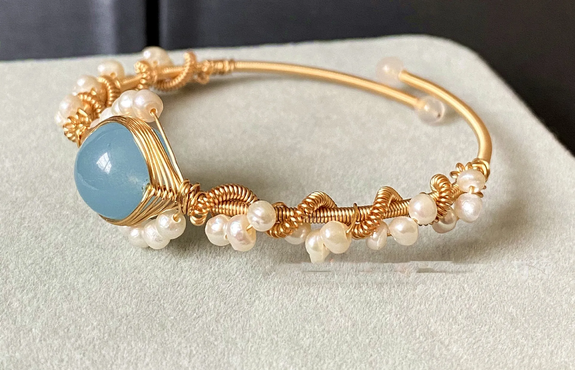 14K Gold Wrapped Handmade Natural Sapphire White Pearl Bracelet