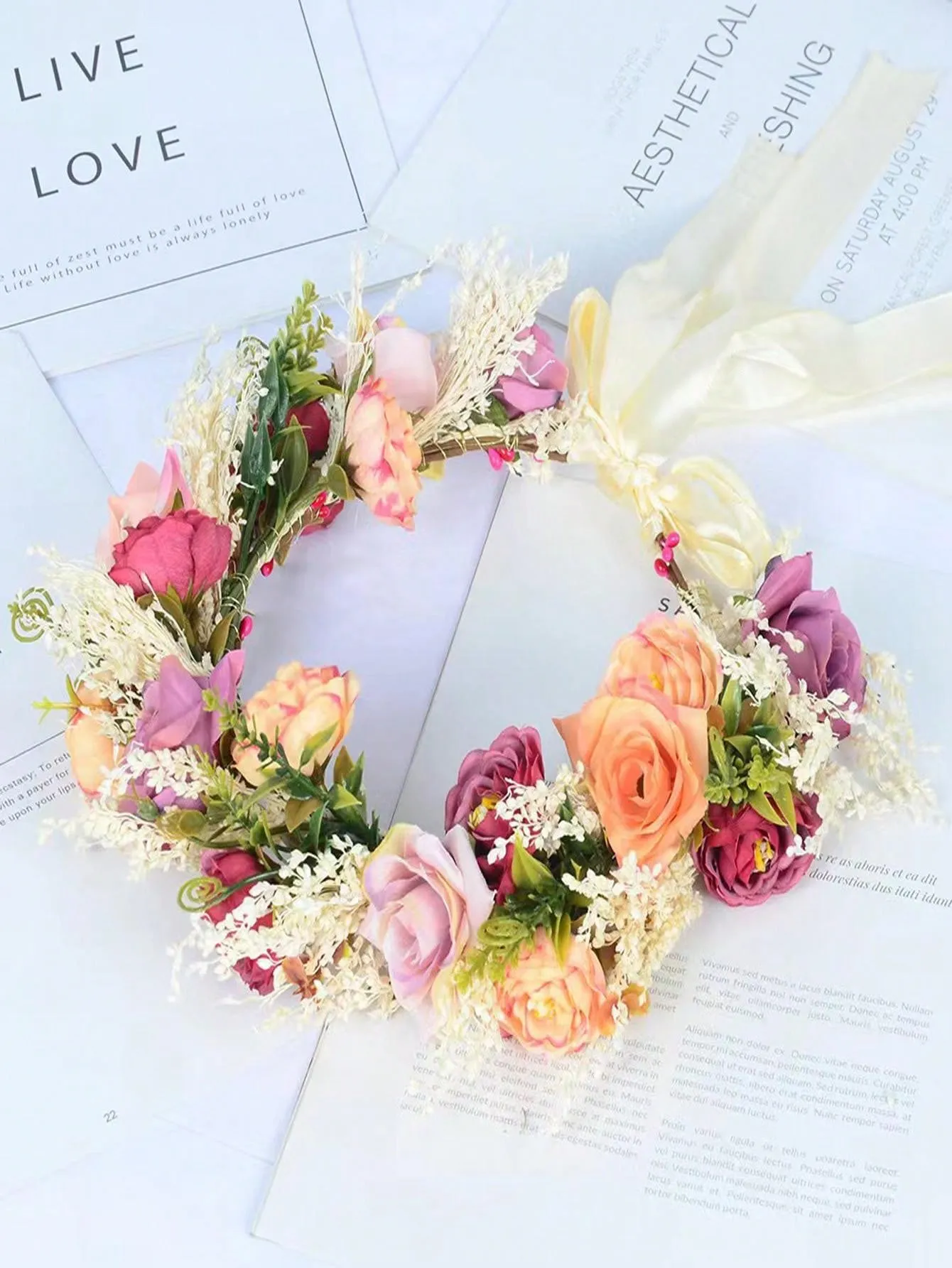 1pc Women Floral Crown Headband With Dried & Artificial Roses, Perfect For Wedding Photography