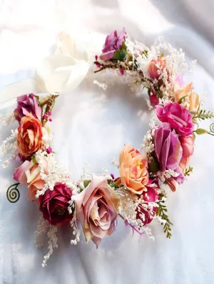 1pc Women Floral Crown Headband With Dried & Artificial Roses, Perfect For Wedding Photography