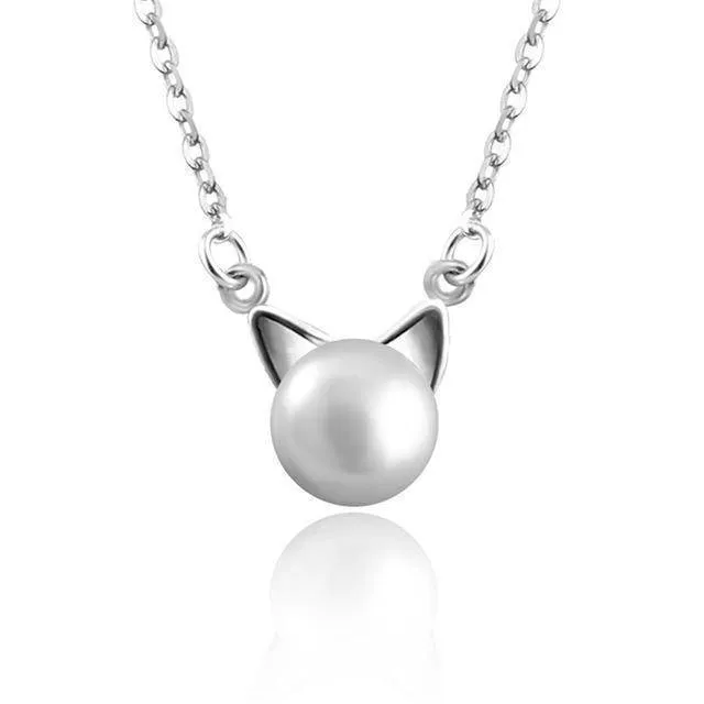 925 Sterling Silver overlay, Imitation Pearl Cat Necklace