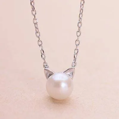 925 Sterling Silver overlay, Imitation Pearl Cat Necklace