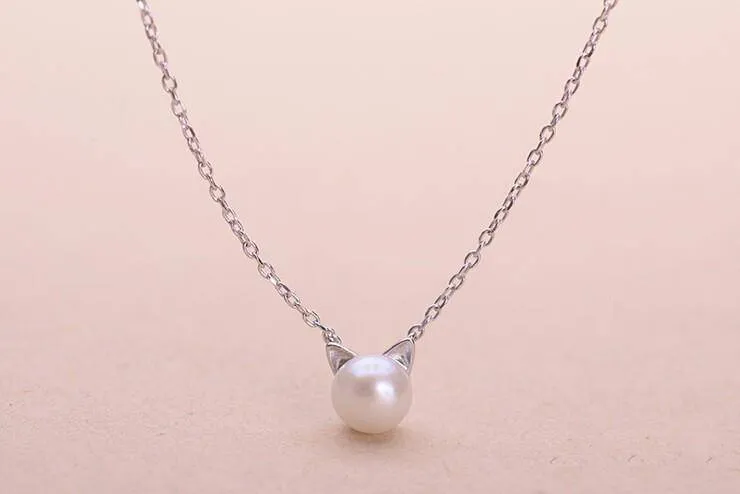 925 Sterling Silver overlay, Imitation Pearl Cat Necklace