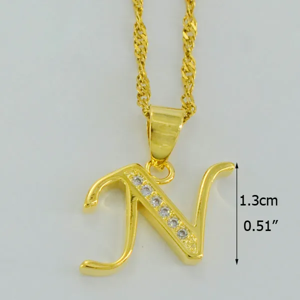 Anniyo Small Letters Necklace Gold Color Initial Pendant Chain 45cm for Women,Cubic Zirconia English Letter Jewelry Gift #040602