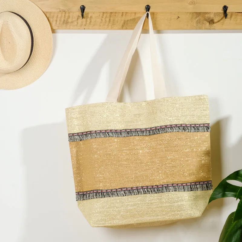 Beach Bag Straw Weave Gold & Beige