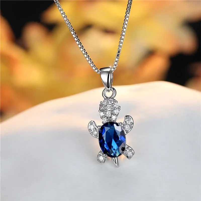 Blue Purple Oval Zircon Pendant Rainbow Stone Cute Turtle Necklaces For Women Multicolor Crystal Animal Necklace