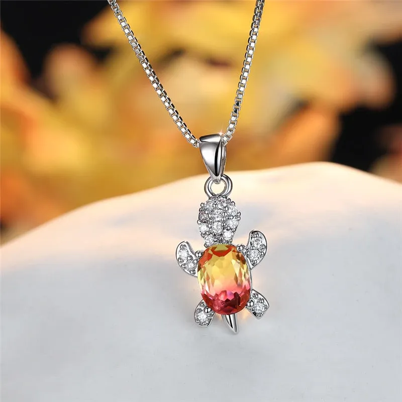 Blue Purple Oval Zircon Pendant Rainbow Stone Cute Turtle Necklaces For Women Multicolor Crystal Animal Necklace