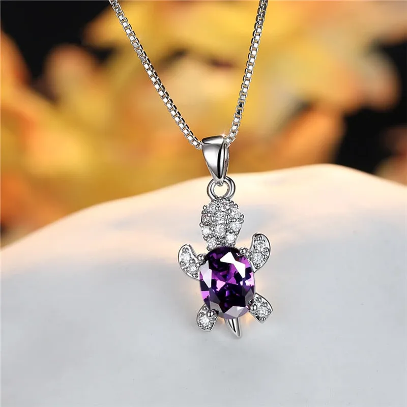 Blue Purple Oval Zircon Pendant Rainbow Stone Cute Turtle Necklaces For Women Multicolor Crystal Animal Necklace