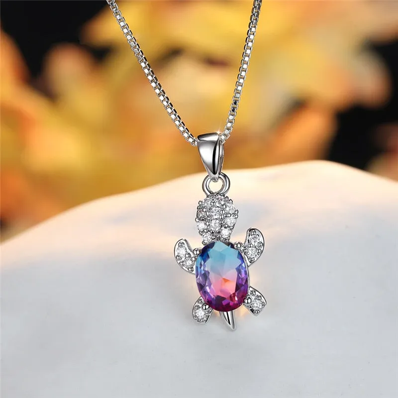 Blue Purple Oval Zircon Pendant Rainbow Stone Cute Turtle Necklaces For Women Multicolor Crystal Animal Necklace