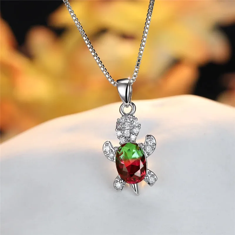 Blue Purple Oval Zircon Pendant Rainbow Stone Cute Turtle Necklaces For Women Multicolor Crystal Animal Necklace