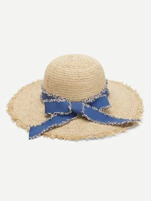 Bow Tie Frayed Trim Straw Hat