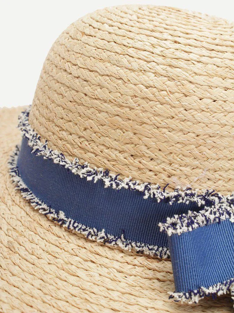 Bow Tie Frayed Trim Straw Hat