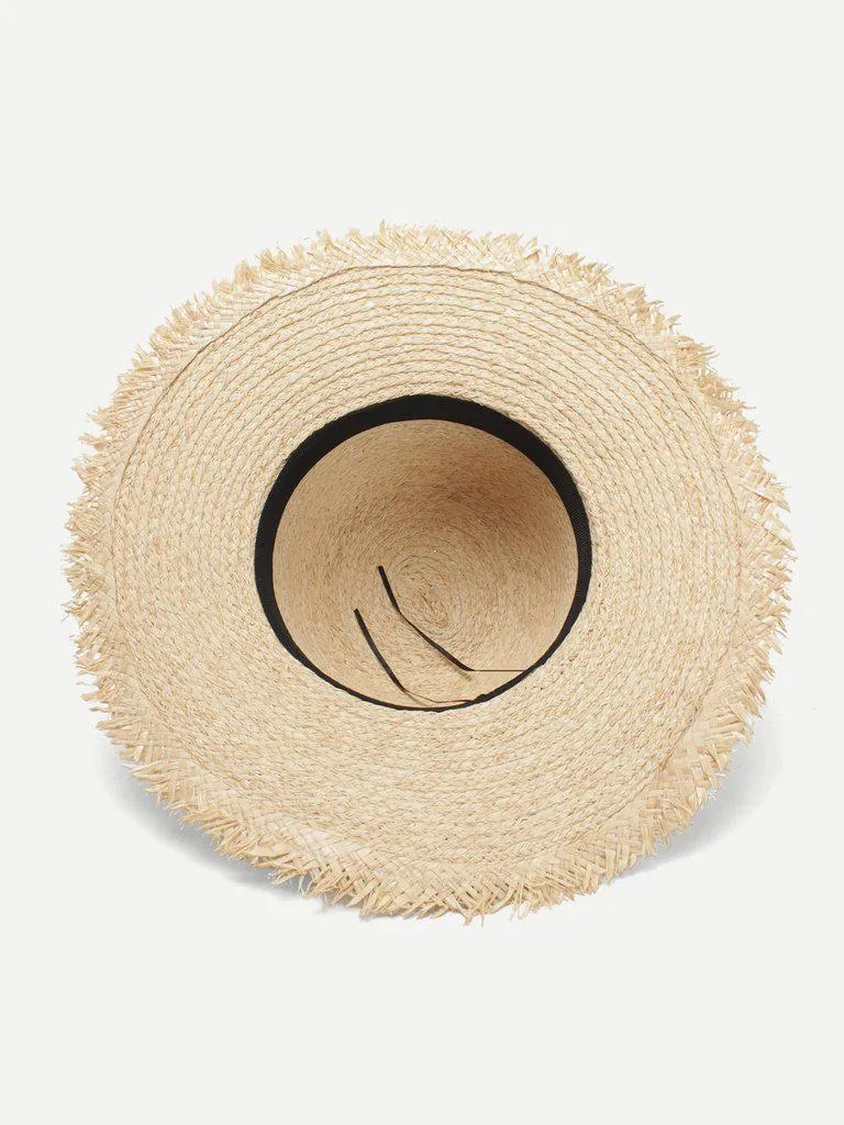 Bow Tie Frayed Trim Straw Hat