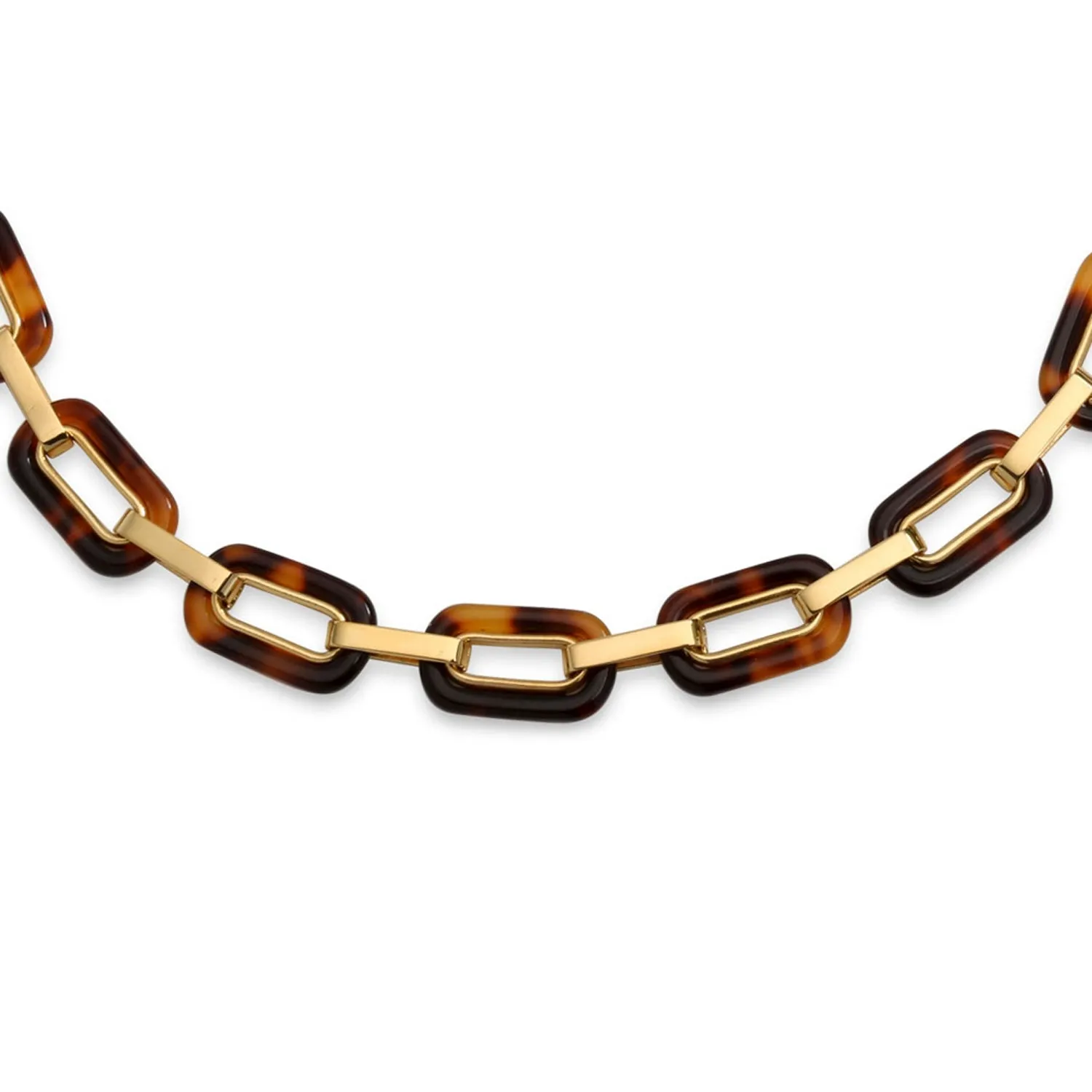 Brown Oval Faux Tortoise Link Necklace Toggle Gold Stainless Steel