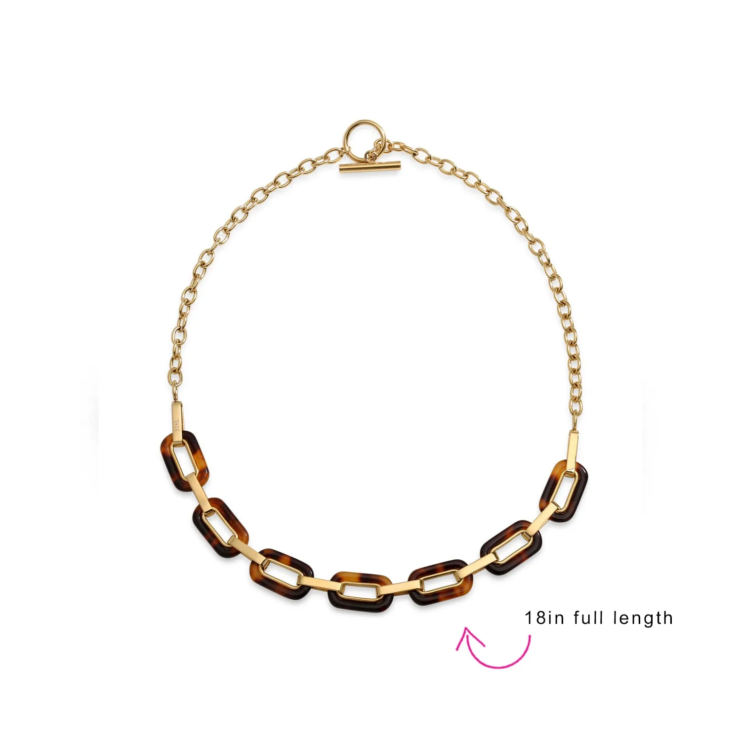 Brown Oval Faux Tortoise Link Necklace Toggle Gold Stainless Steel