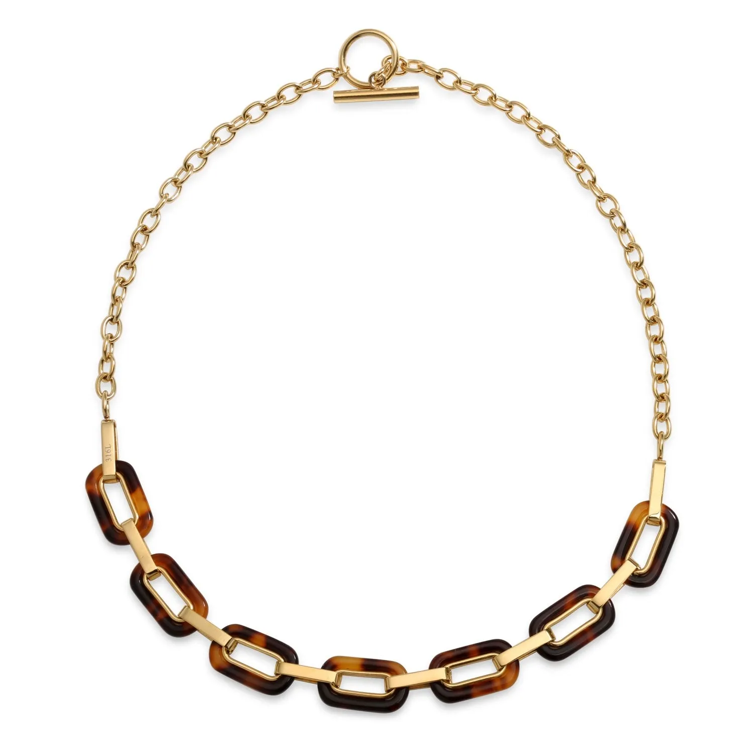 Brown Oval Faux Tortoise Link Necklace Toggle Gold Stainless Steel