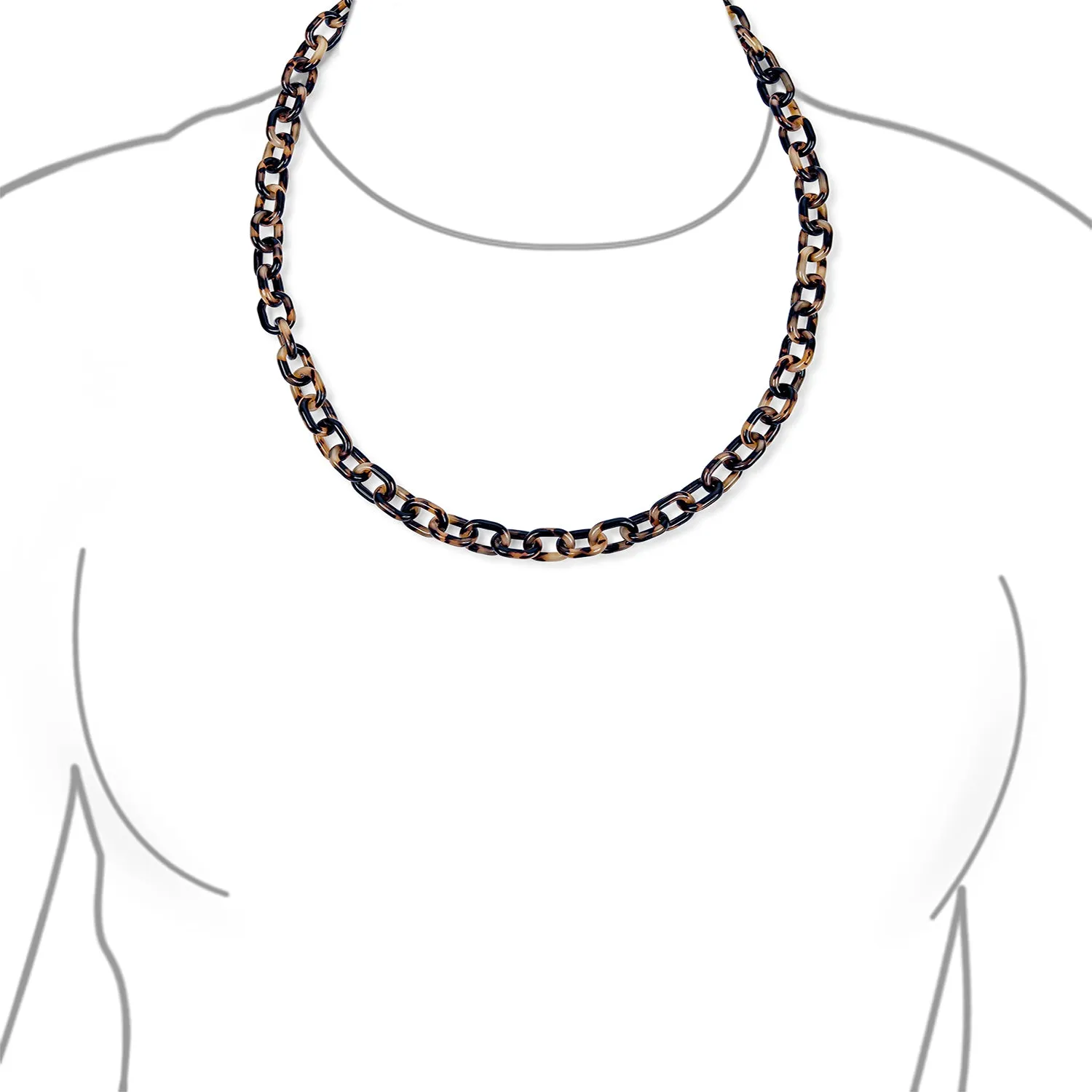 Brown Oval Faux Tortoise Link Necklace Toggle Gold Stainless Steel