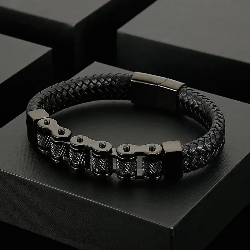 Fidelio Stainless Steel & Cowhide Motorcycle Chain Bracelet