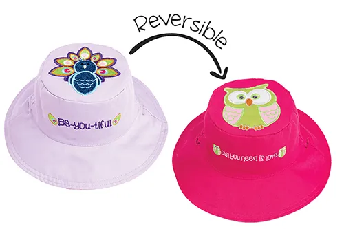 FlapJack Kids UPF50  Reversible Sun Hat -  Peacock / Owl