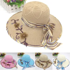 Foldable Wide Brim Floppy Girls Straw Sun Hat Beach Women Summer Hat