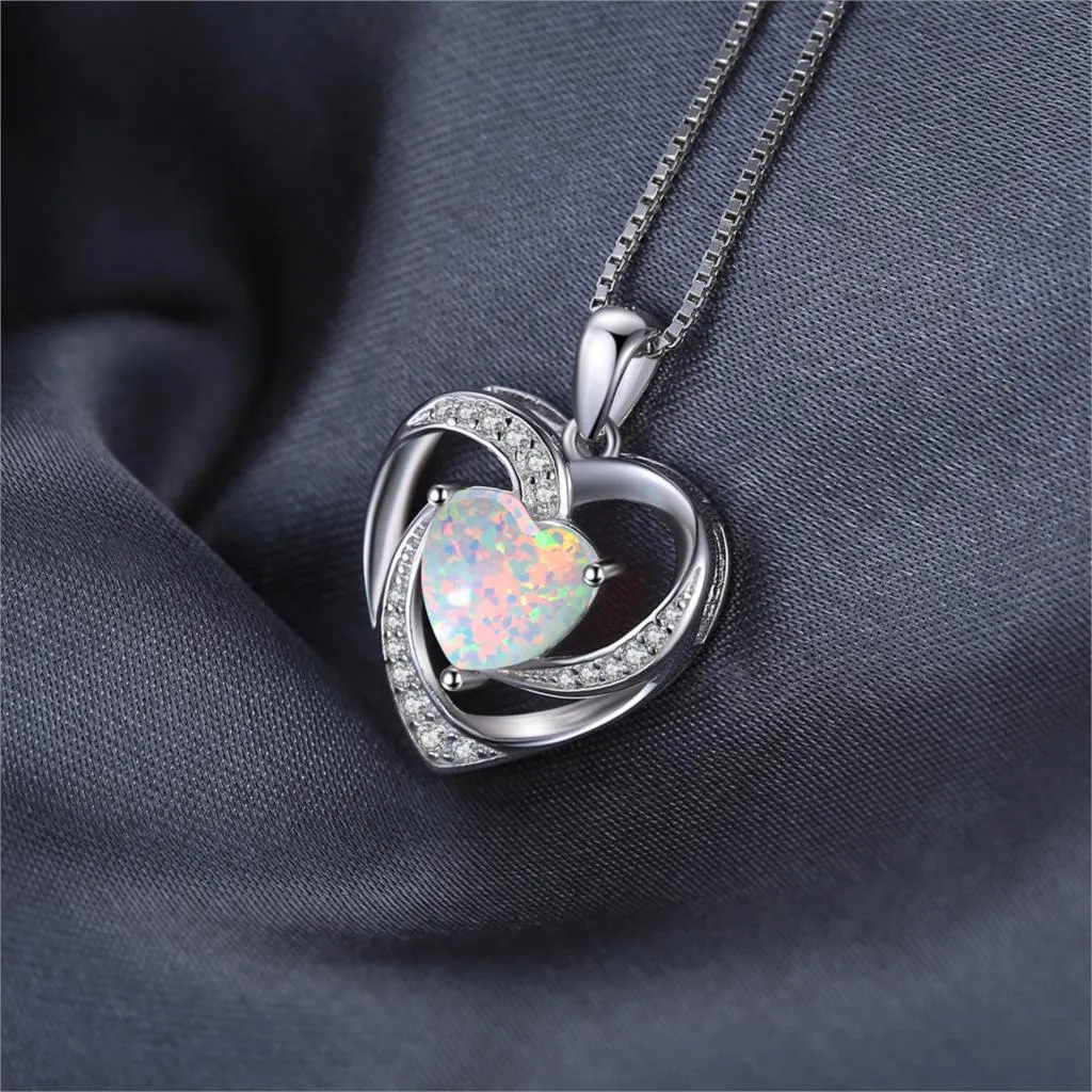 Heart Created Opal Pendant Necklace 925 Sterling Silver Gemstones Choker Statement Necklace For Women