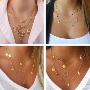 Hot New Gold Color Owl Letters Leaves Circle Multilayer Maxi Statement Necklace Chokers Necklace Women Jewelry