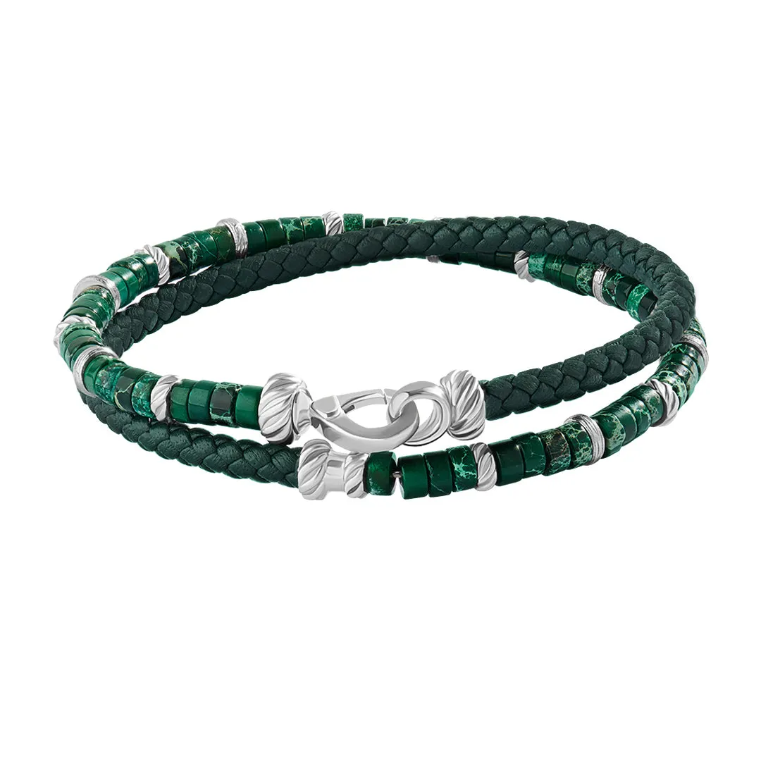 Jasper Heishi Beads & Leather Wrap Bracelet in Silver