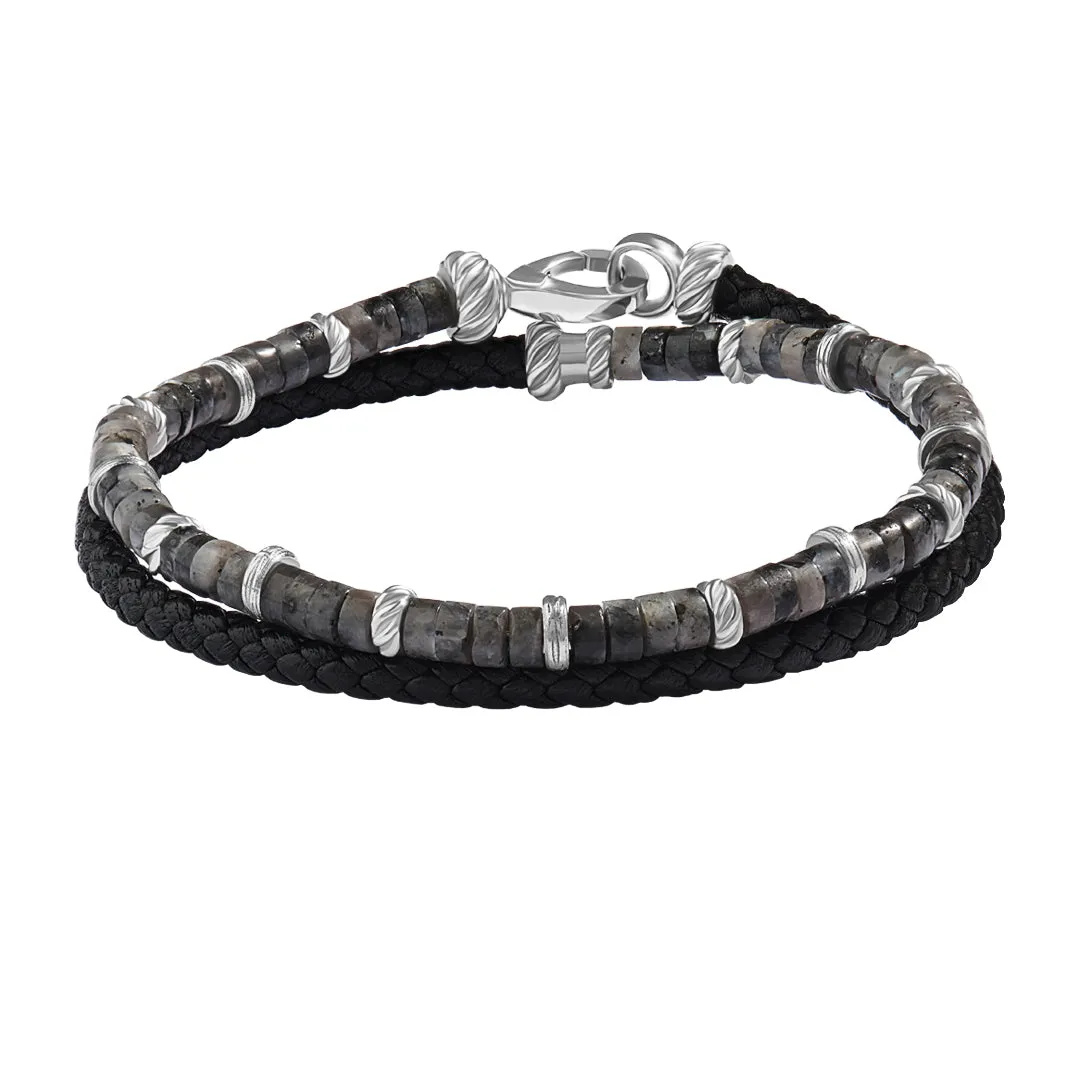 Jasper Heishi Beads & Leather Wrap Bracelet in Silver