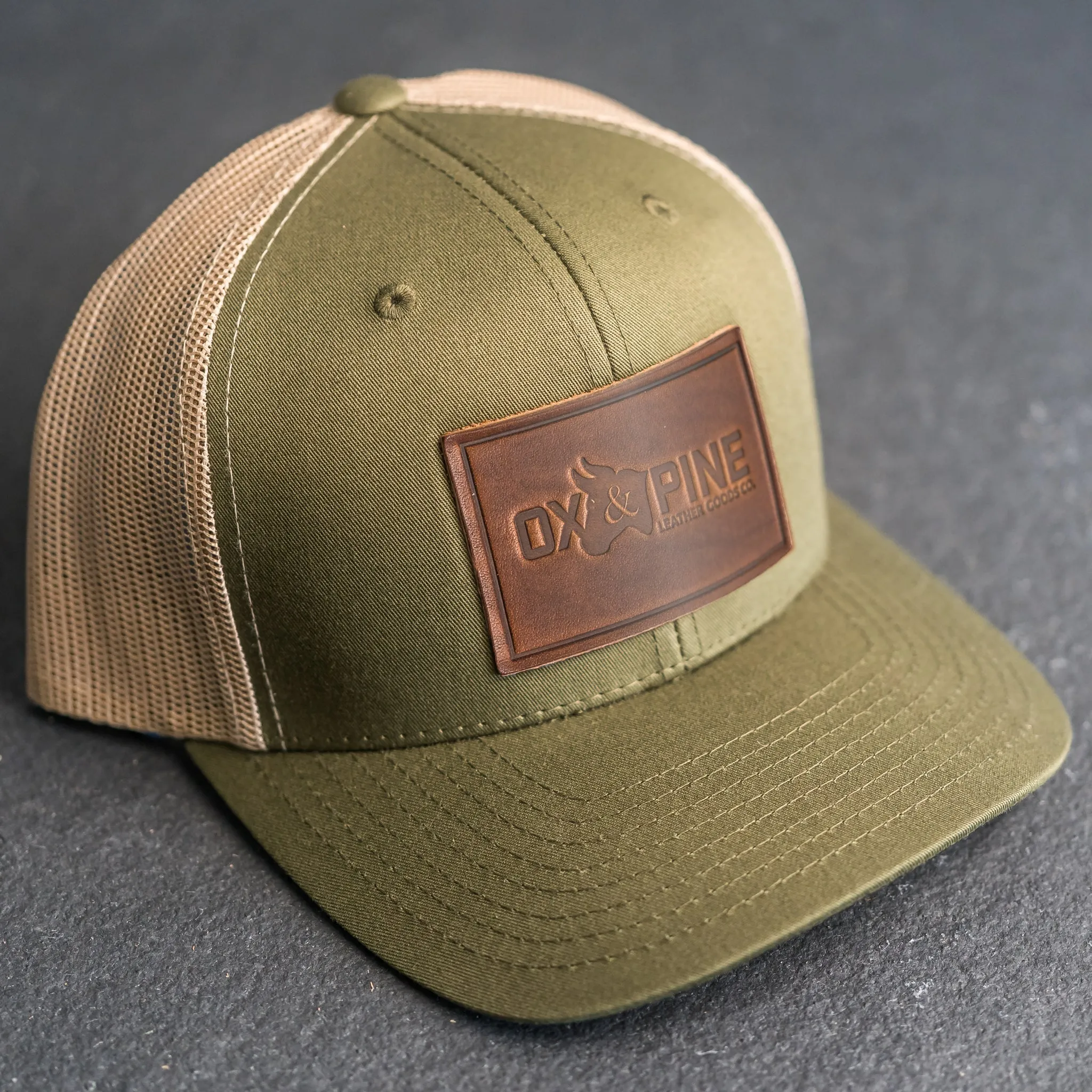 Leather Patch Trucker Style Hat - Ox & Pine Logo