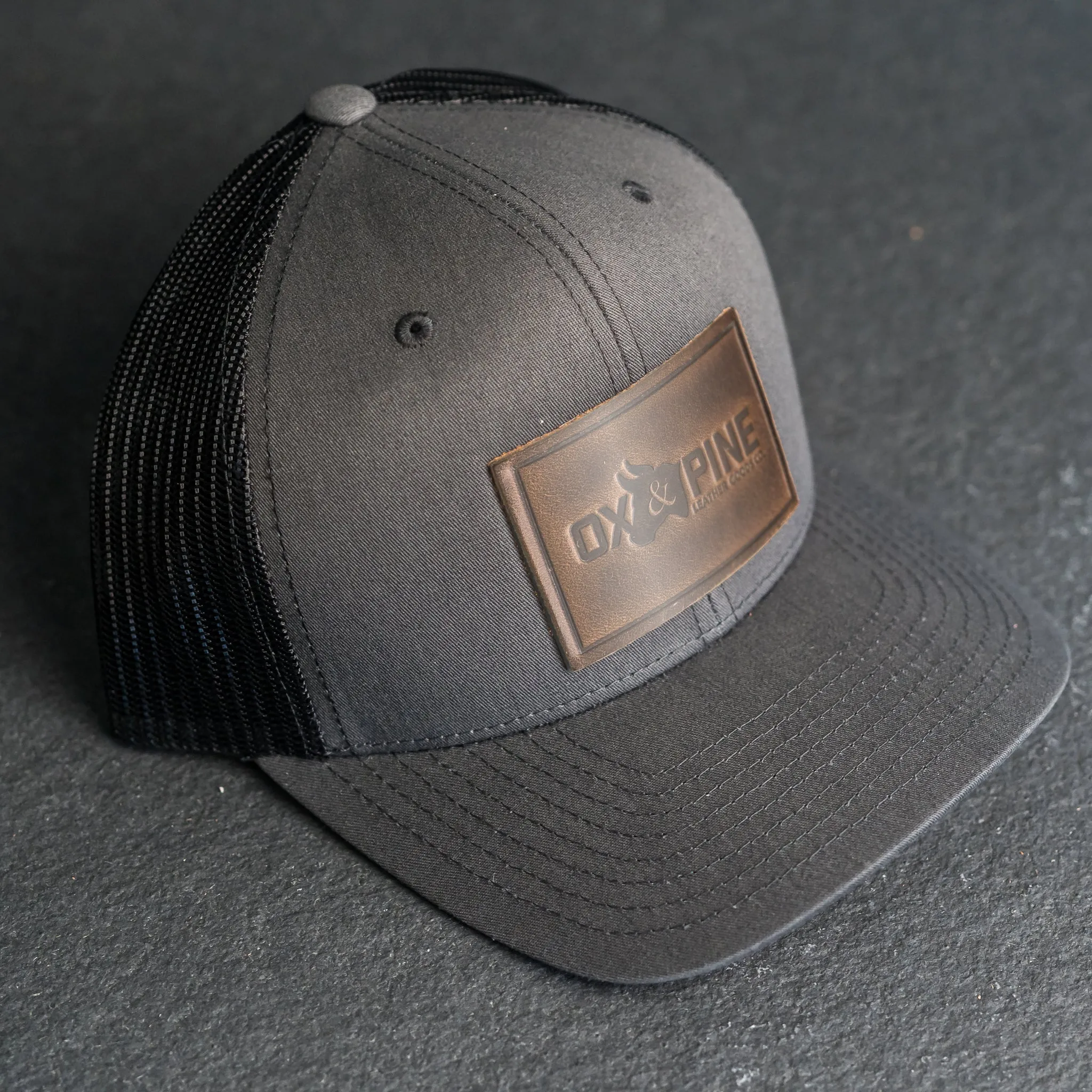 Leather Patch Trucker Style Hat - Ox & Pine Logo