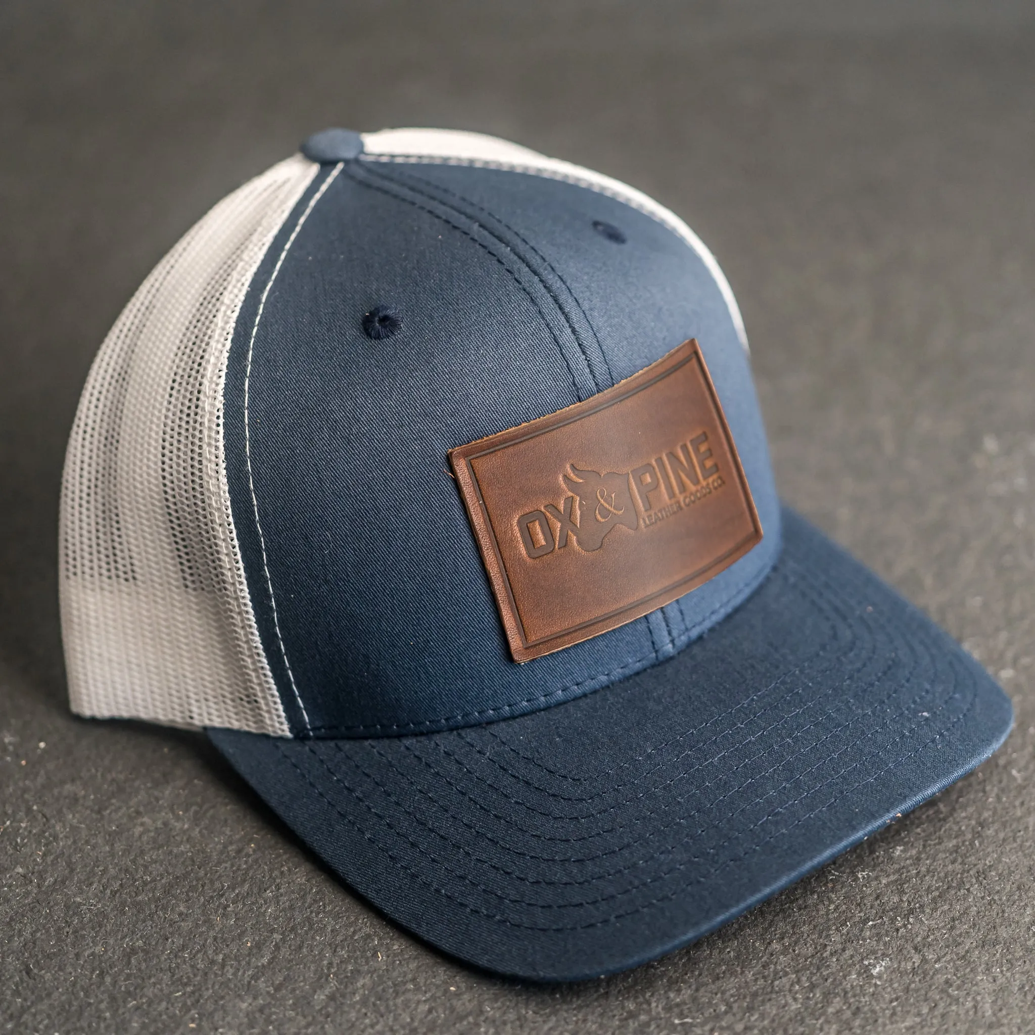 Leather Patch Trucker Style Hat - Ox & Pine Logo