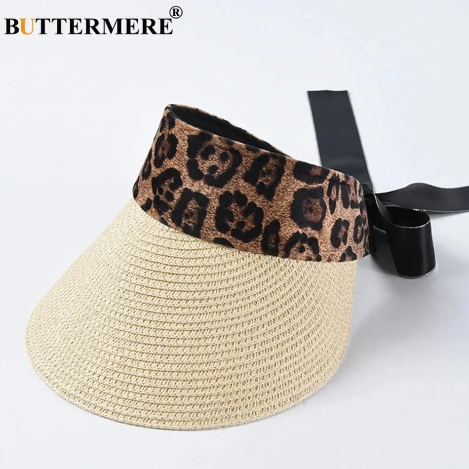 Leopard Sun Hats - Trendy 11.5cm Brim Straw Hat for Women: UV Protection, Adjustable Size