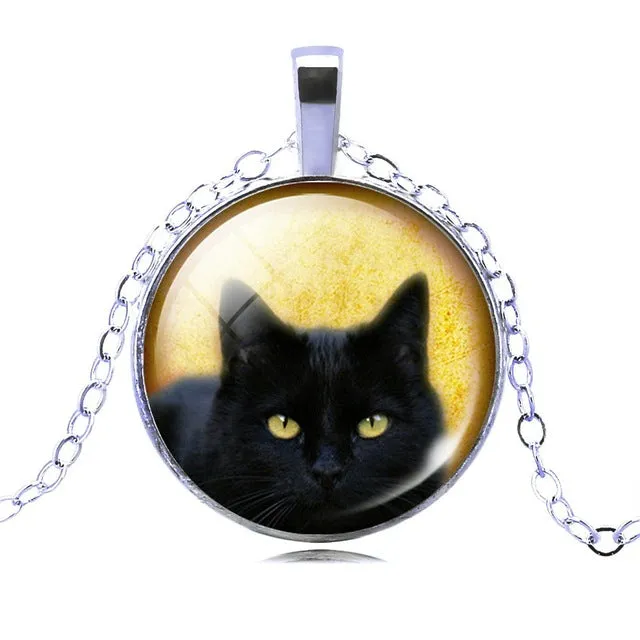 LIEBE ENGEL Unique Necklace Glass Cabochon Silver Bronze Chain Necklace Black Cat Picture Vintage Pendant Necklace For Women