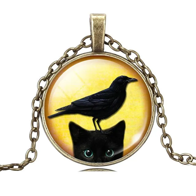 LIEBE ENGEL Unique Necklace Glass Cabochon Silver Bronze Chain Necklace Black Cat Picture Vintage Pendant Necklace For Women