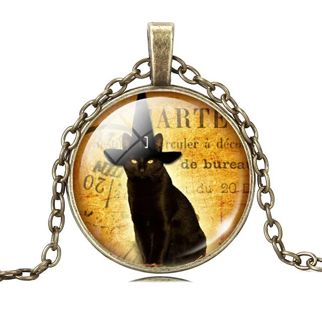 LIEBE ENGEL Unique Necklace Glass Cabochon Silver Bronze Chain Necklace Black Cat Picture Vintage Pendant Necklace For Women