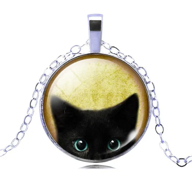 LIEBE ENGEL Unique Necklace Glass Cabochon Silver Bronze Chain Necklace Black Cat Picture Vintage Pendant Necklace For Women