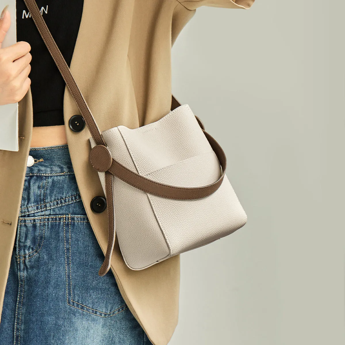 Luxe Ivory Leather Bucket Bag