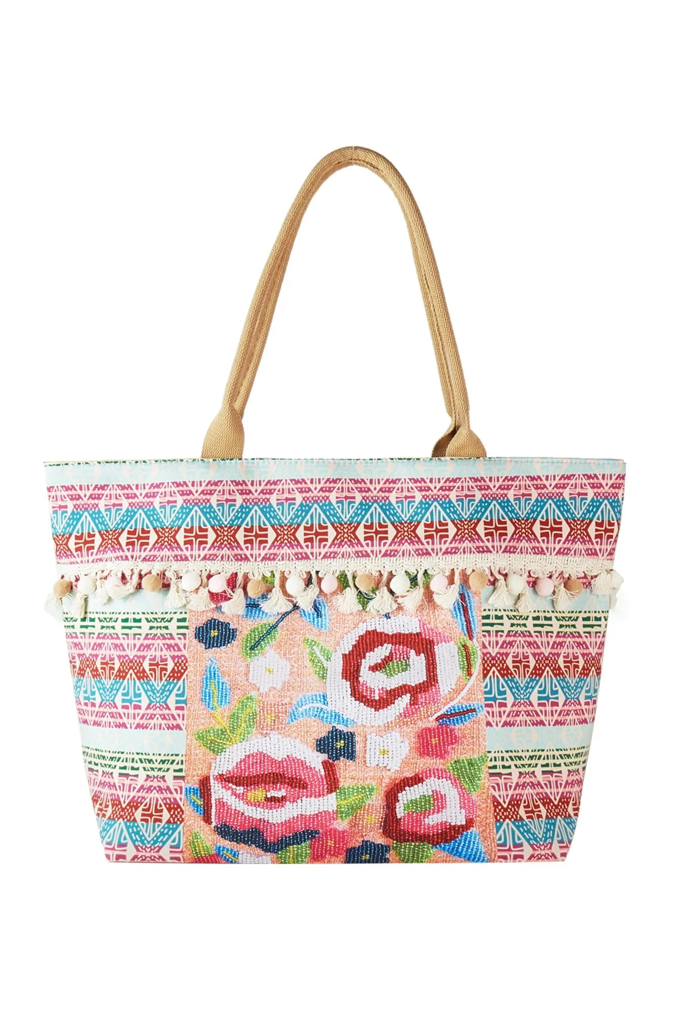 MB0251 Violeta Boho Rose Print Tassel Tote Bag