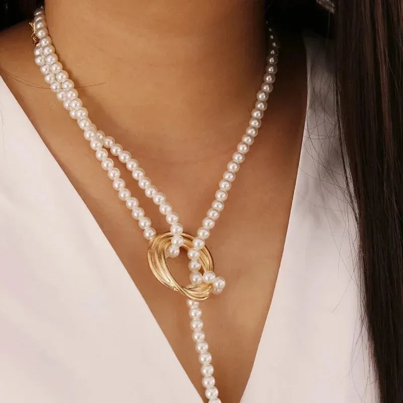 Simulated Pearl Multilayer Shell Knot Chain NEW Vintage Necklace