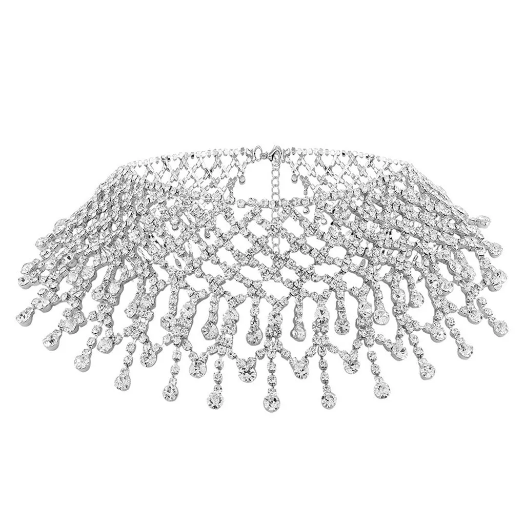 Sparkly Rhinestone Chain Fringe Statement Choker Necklace - Silver