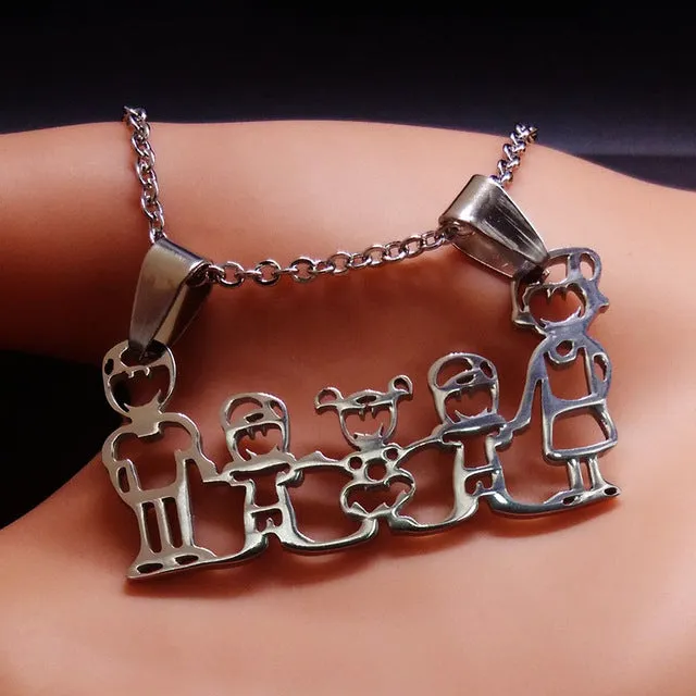 Stainless Steel Necklace Mama Family Necklaces Jewelry Silver Color Love Boy Girl Pendant Choker Necklace Women Gift N2201