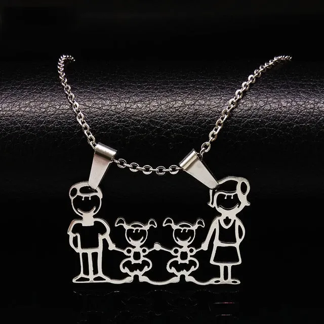 Stainless Steel Necklace Mama Family Necklaces Jewelry Silver Color Love Boy Girl Pendant Choker Necklace Women Gift N2201