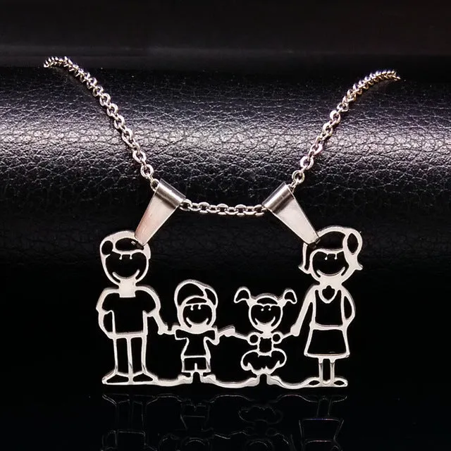 Stainless Steel Necklace Mama Family Necklaces Jewelry Silver Color Love Boy Girl Pendant Choker Necklace Women Gift N2201