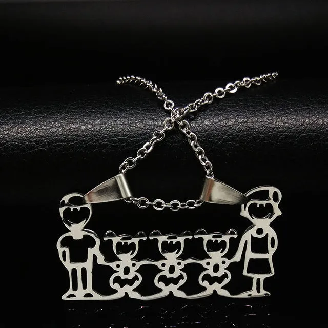 Stainless Steel Necklace Mama Family Necklaces Jewelry Silver Color Love Boy Girl Pendant Choker Necklace Women Gift N2201