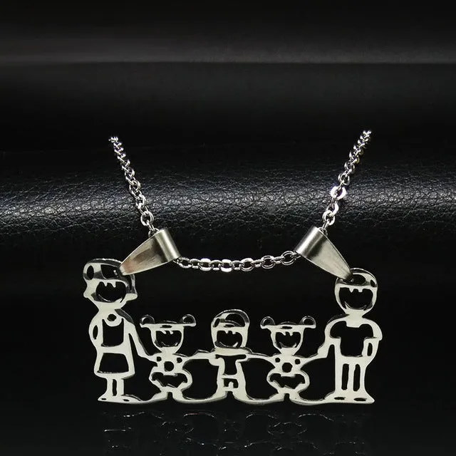 Stainless Steel Necklace Mama Family Necklaces Jewelry Silver Color Love Boy Girl Pendant Choker Necklace Women Gift N2201