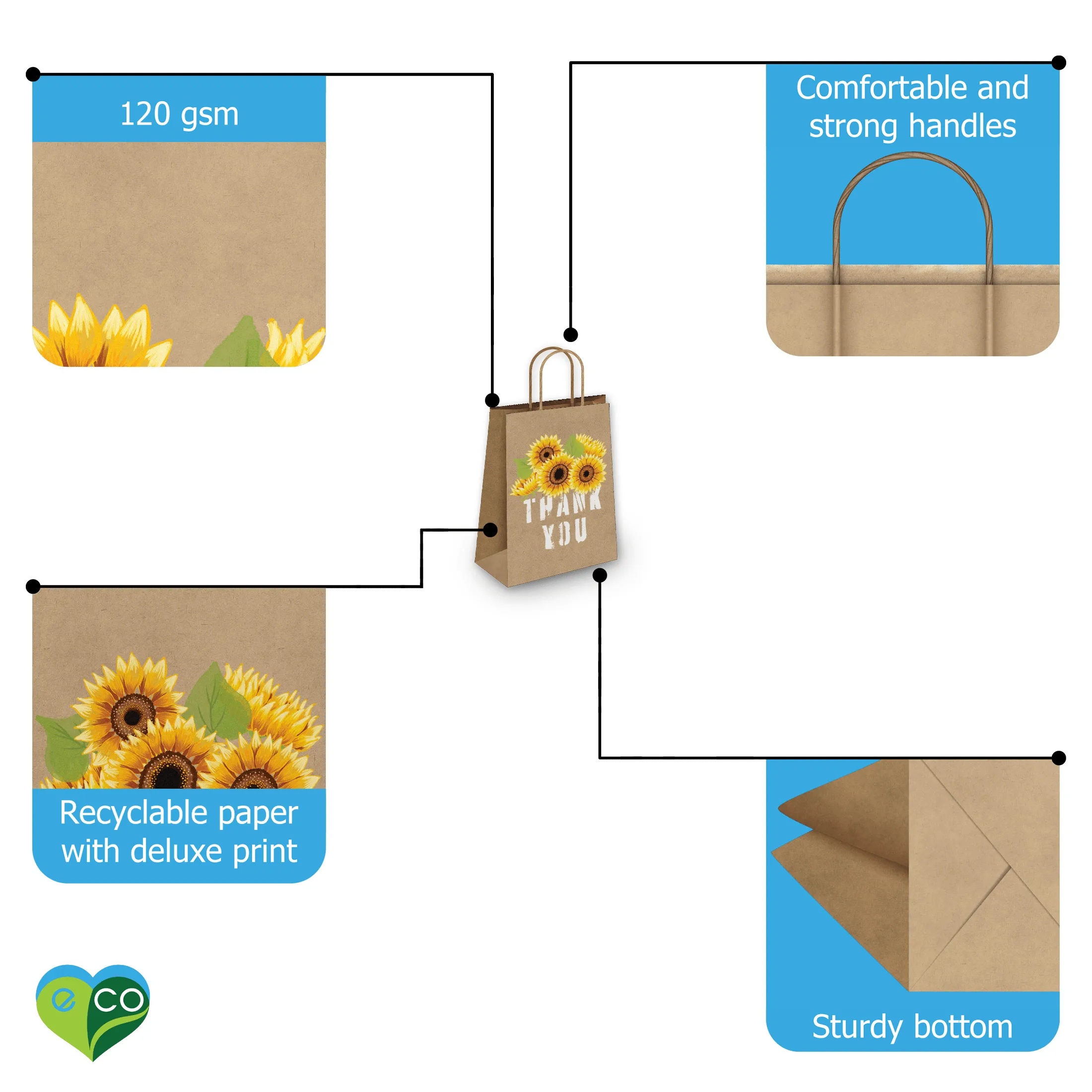 Sunflower Kraft Gift Bags Mixed Size Set